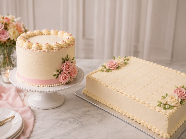 A round layer cake and a sheet cake set out side by side, the two shapes the Party Guide sizes against a guest count