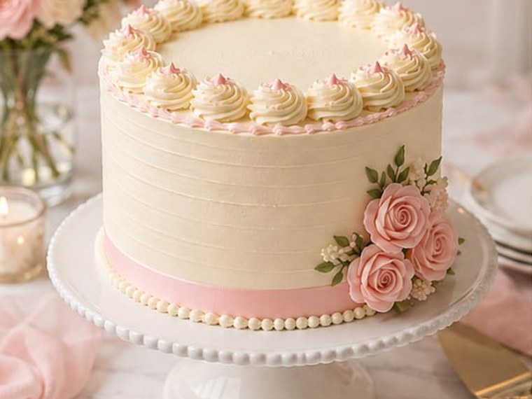 A small round display cake, ivory buttercream with a pink ribbon band and sugar roses, on a cake stand