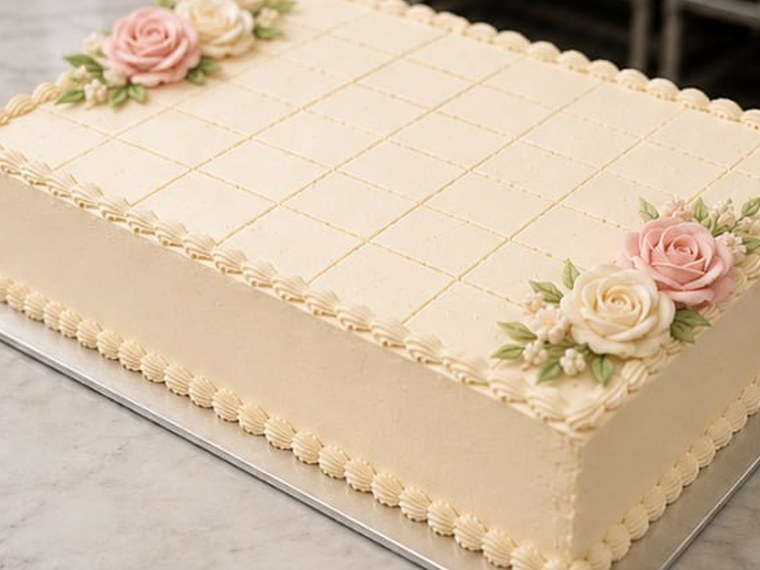 A plain-iced sheet cake scored into a serving grid, with a small cluster of sugar roses in one corner