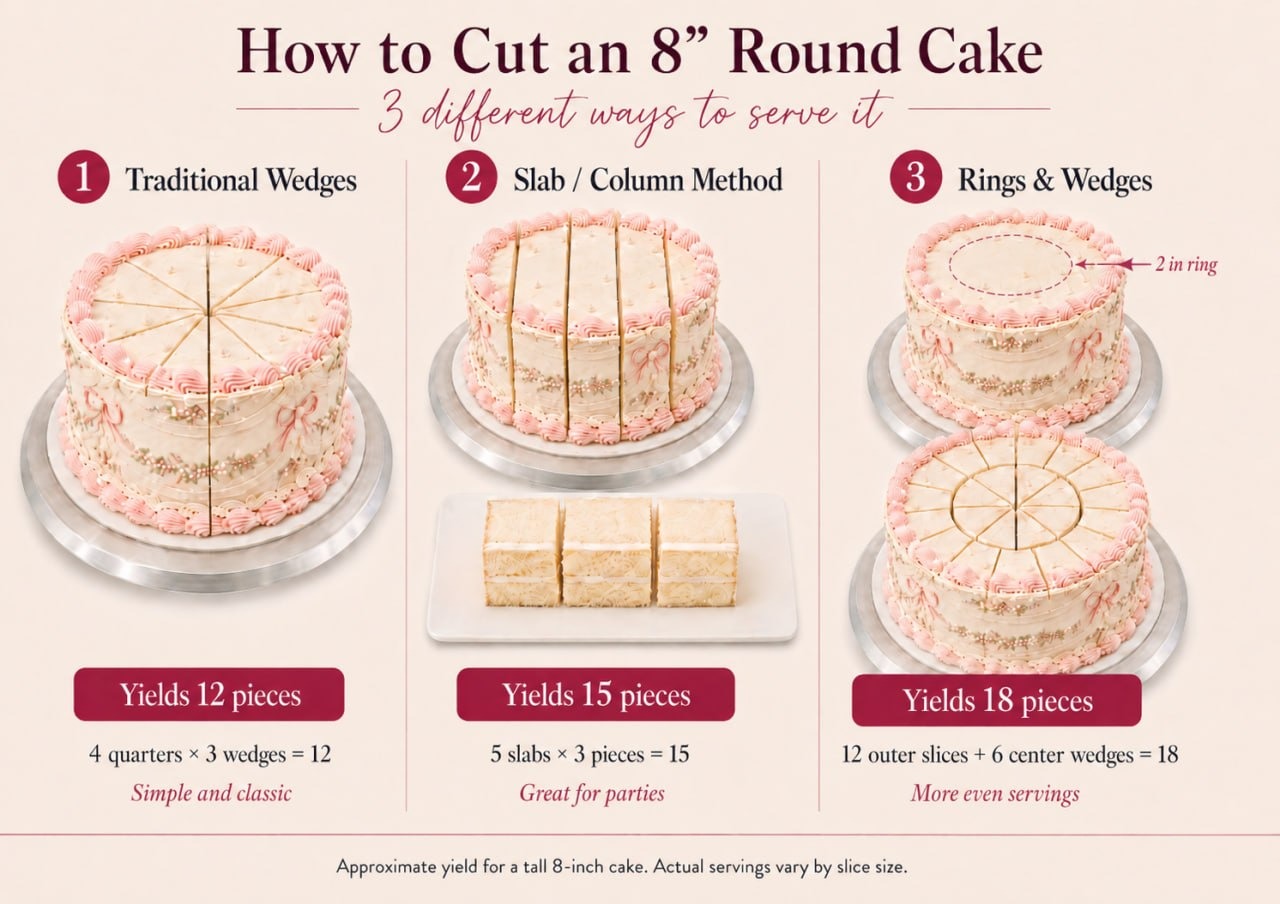 How to cut an 8 inch round cake — traditional wedges, slab column method, rings and wedges
