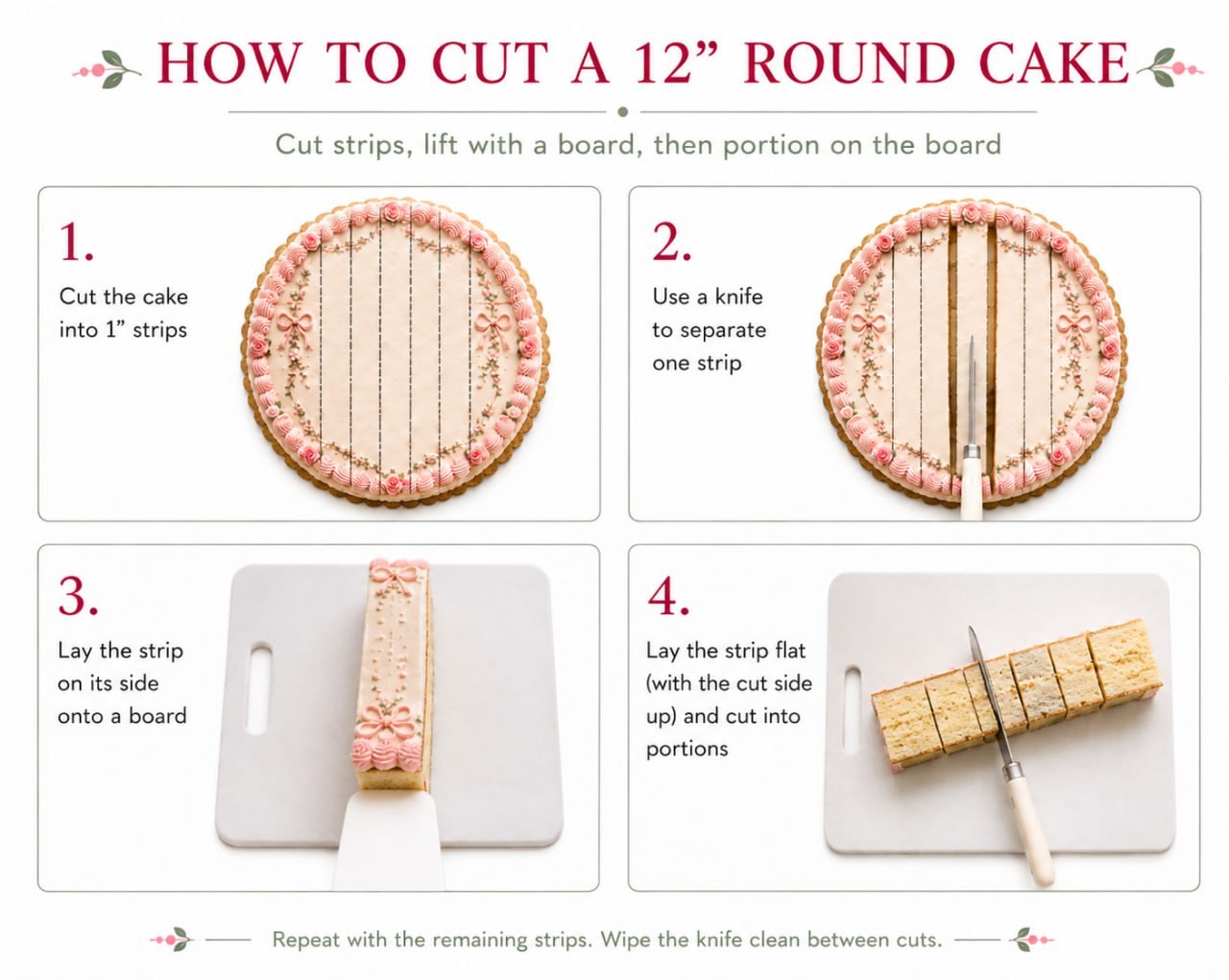 The board method: cut 1″ strips, lift each onto a board, then portion it into clean rectangles.