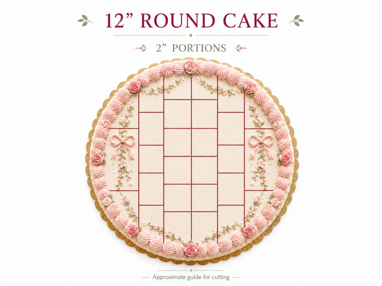 A 12″ round marked for 2″ portions — rectangular cuts yield far more, tidier servings than wedges.