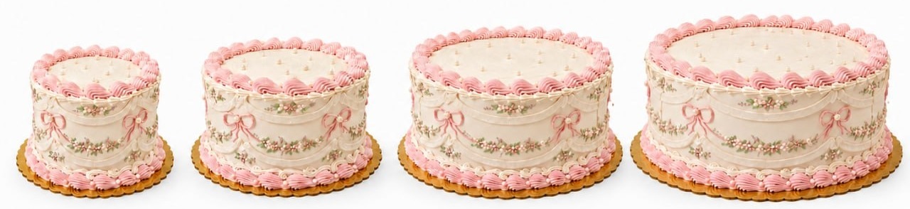 Round cake sizes side by side — 6, 8, 10 and 12 inch