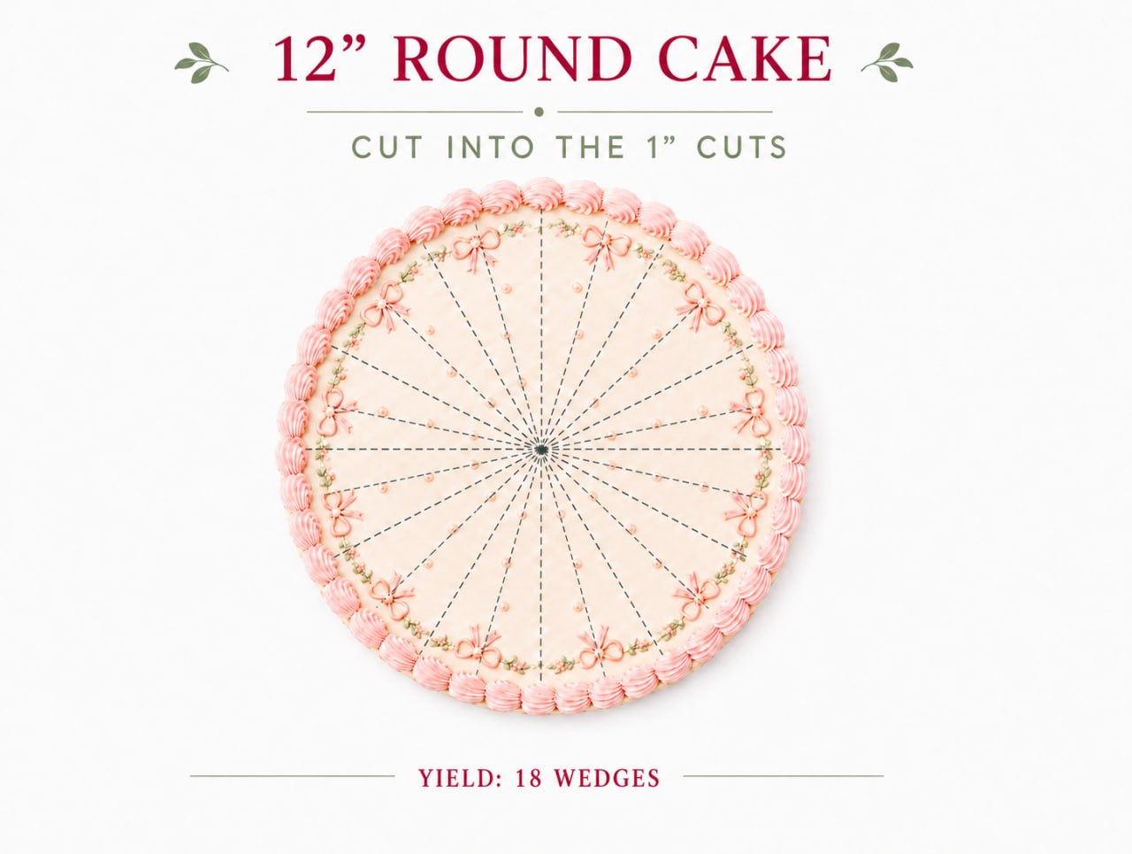 The same 12 inch round cake marked into 1 inch wedges — 18 servings