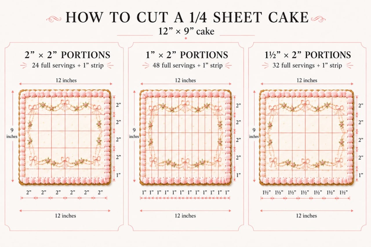 How to cut a quarter sheet cake — a 12 by 9 inch cake gridded into 2 by 2, 1 by 2 and 1½ by 2 inch portions