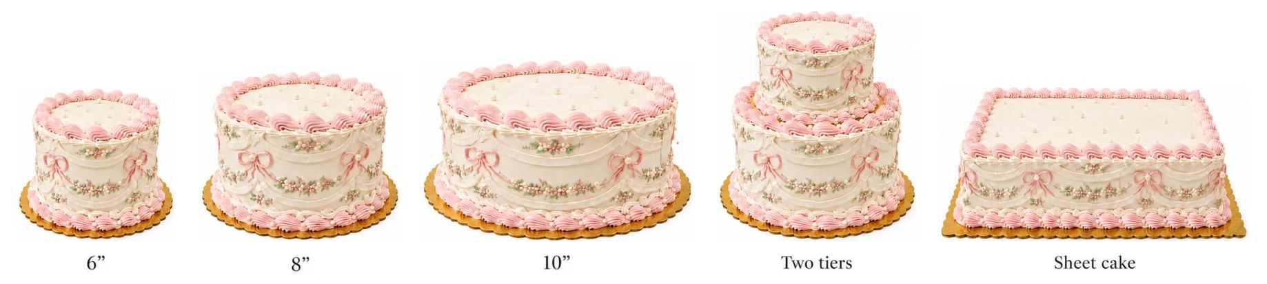 Cozy Sweetery cake sizes side by side — 6 inch, 8 inch and 10 inch rounds, two tiers, and a sheet cake