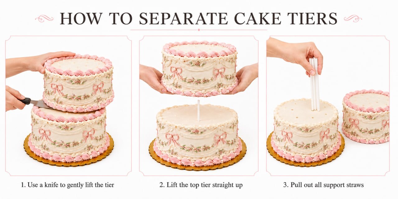 Separate the tiers first — slide a spatula under the top tier's board, lift it straight up, then remove the supports before cutting.